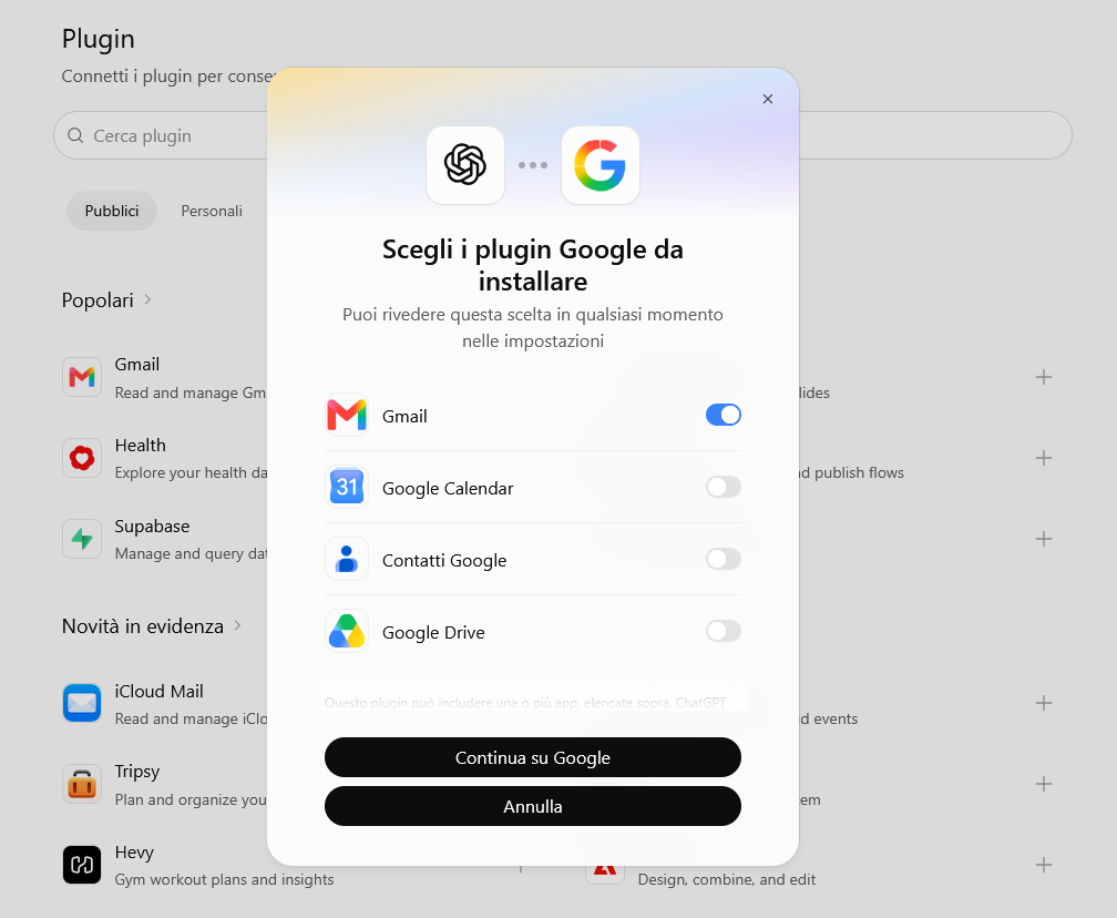 collegare-chatgpt-gmail-02-scelta-plugin-google Schermata "Scegli i plugin Google da installare", con Gmail acceso e Google Calendar, Contatti Google e Google Drive spenti