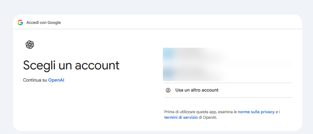 collegare-chatgpt-gmail-04-scelta-account-google Schermata "Scegli un account" di Google, con l'elenco degli account e i dati personali sfocati