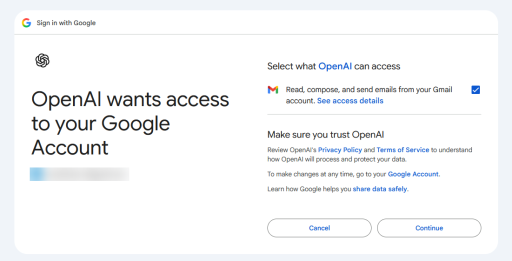 collegare-chatgpt-gmail-07-consenso-gmail-google Schermata di consenso di Google "OpenAI wants access to your Google Account" con il permesso di leggere, scrivere e inviare email da Gmail