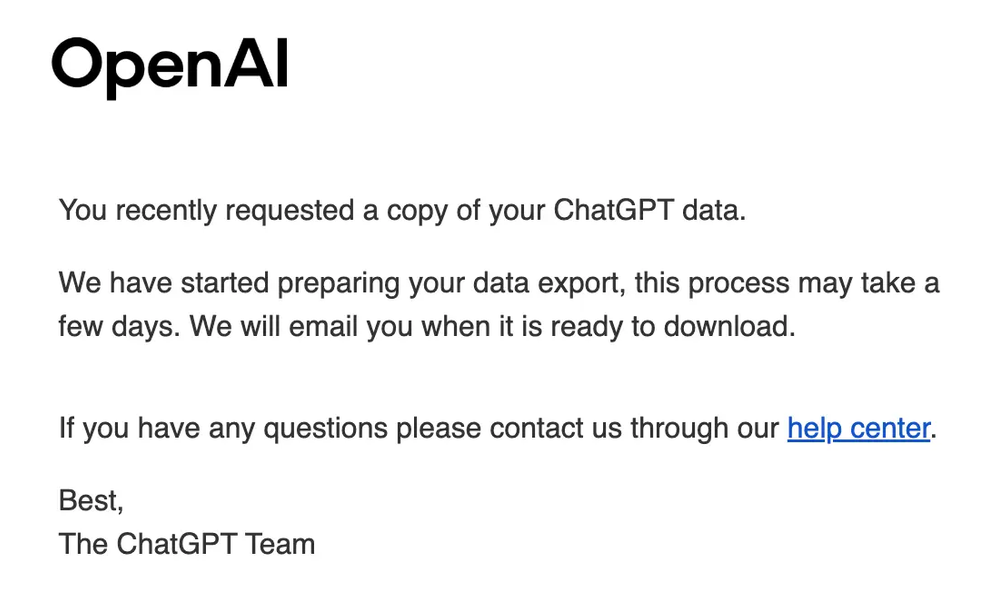 email-chatgpt-export-in-preparazione Email di OpenAI con il messaggio che avvisa che la preparazione dell’export può richiedere alcuni giorni