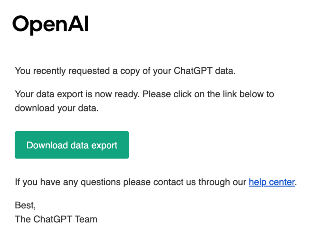 email-chatgpt-export-pronto-download Email di OpenAI con il pulsante Download data export per scaricare l’export di ChatGPT
