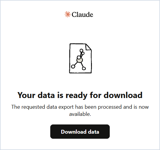 email-claude-export-pronto-download Email di Claude con titolo Your data is ready for download e pulsante Download data