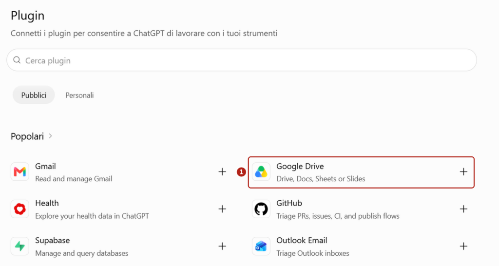 passo1-plugin-google-drive Sezione Plugin di ChatGPT con l'elenco dei plugin popolari e la riga di Google Drive evidenziata.