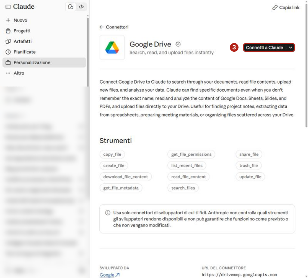 passo2-google-drive-connetti Pagina del connettore Google Drive in Claude con il pulsante Connetti a Claude evidenziato.