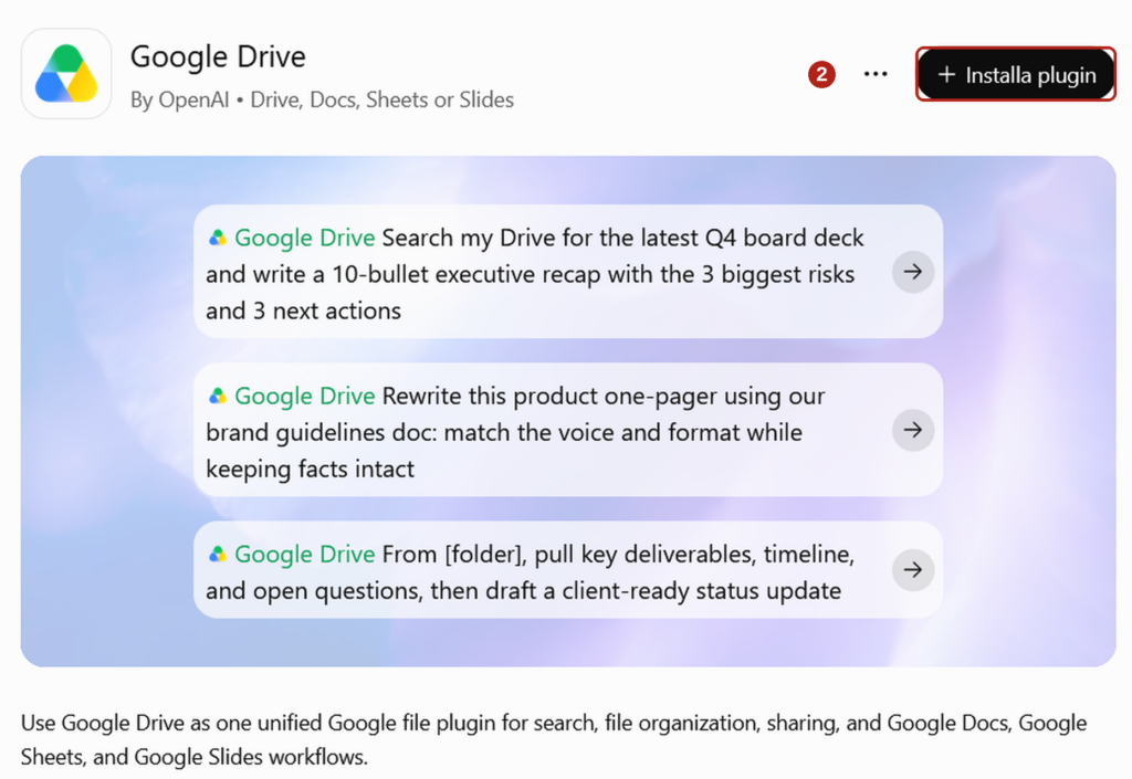 passo2-installa-plugin Pagina del plugin Google Drive in ChatGPT con il pulsante Installa plugin evidenziato.